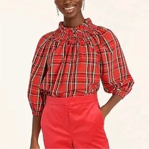 J Crew Smocked-Neck Top in Good Tidings Red Black Cotton Holidays Plaid Size XS